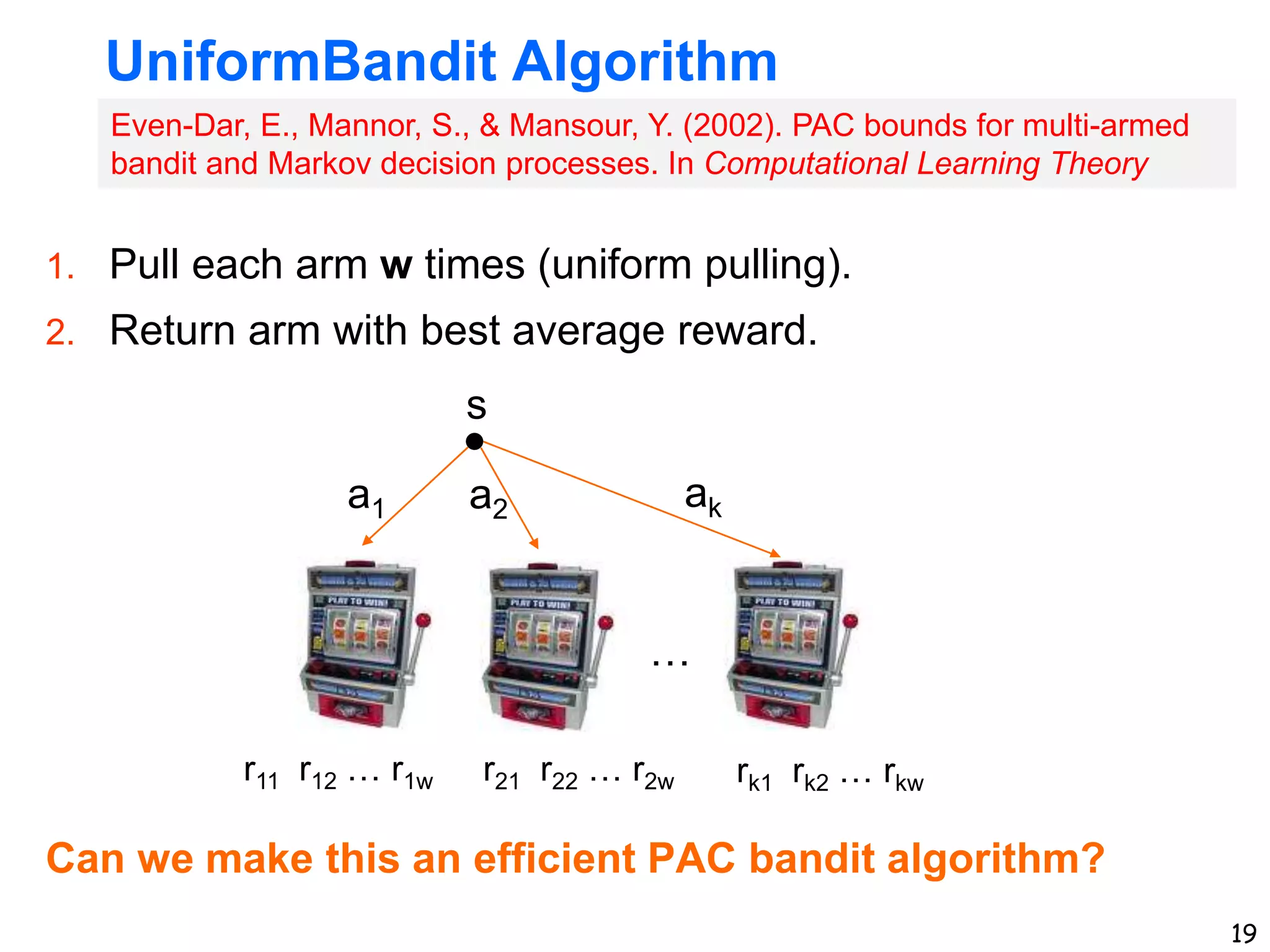 19
UniformBandit Algorithm
1. Pull each arm w times (uniform pulling).
2. Return arm with best average reward.
Can we make this an efficient PAC bandit algorithm?
s
a1 a2 ak
…
r11 r12 … r1w r21 r22 … r2w rk1 rk2 … rkw
Even-Dar, E., Mannor, S., & Mansour, Y. (2002). PAC bounds for multi-armed
bandit and Markov decision processes. In Computational Learning Theory
 
