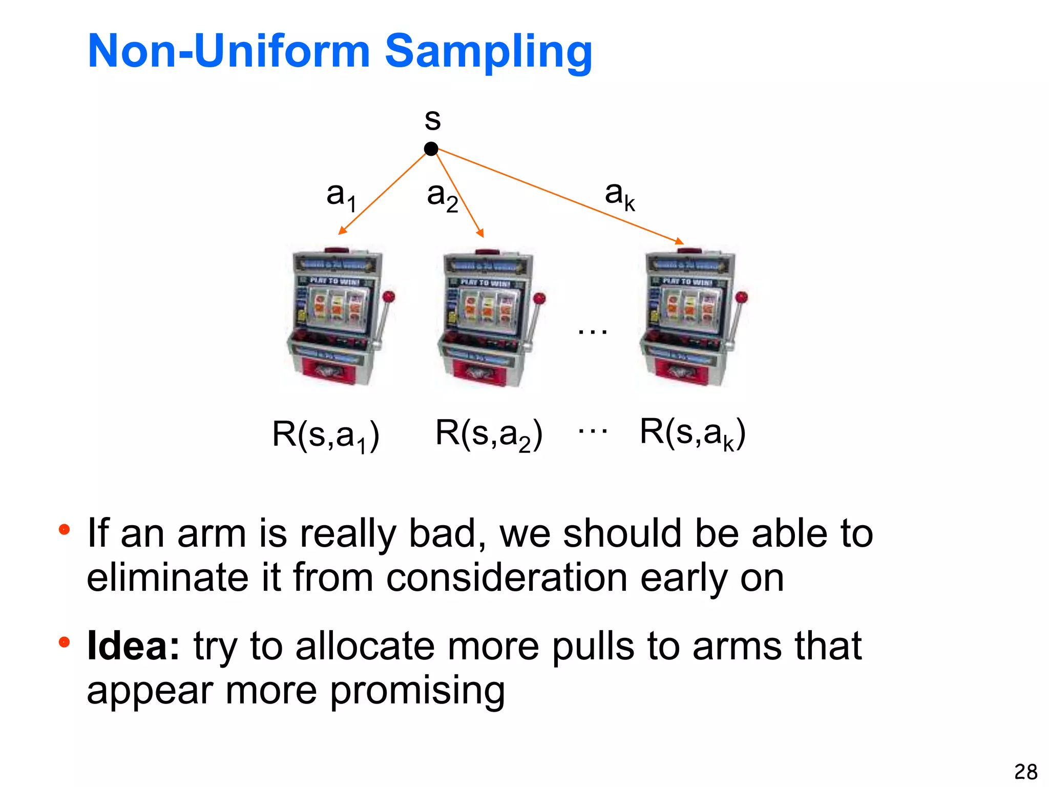28
Non-Uniform Sampling
s
a1 a2 ak
R(s,a1) R(s,a2) R(s,ak)
…
…
If an arm is really bad, we should be able to
eliminate it from consideration early on
Idea: try to allocate more pulls to arms that
appear more promising
 