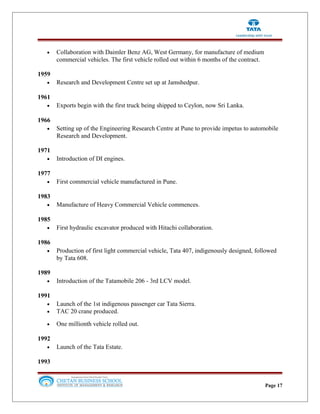 • Collaboration with Daimler Benz AG, West Germany, for manufacture of medium
commercial vehicles. The first vehicle rolled out within 6 months of the contract.
1959
• Research and Development Centre set up at Jamshedpur.
1961
• Exports begin with the first truck being shipped to Ceylon, now Sri Lanka.
1966
• Setting up of the Engineering Research Centre at Pune to provide impetus to automobile
Research and Development.
1971
• Introduction of DI engines.
1977
• First commercial vehicle manufactured in Pune.
1983
• Manufacture of Heavy Commercial Vehicle commences.
1985
• First hydraulic excavator produced with Hitachi collaboration.
1986
• Production of first light commercial vehicle, Tata 407, indigenously designed, followed
by Tata 608.
1989
• Introduction of the Tatamobile 206 - 3rd LCV model.
1991
• Launch of the 1st indigenous passenger car Tata Sierra.
• TAC 20 crane produced.
• One millionth vehicle rolled out.
1992
• Launch of the Tata Estate.
1993
Page 17
 