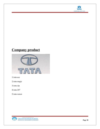 Company product
1) tata ace
2) tata magic
3) tata zip
4) tata 207
5) tata xenon
Page 30
 
