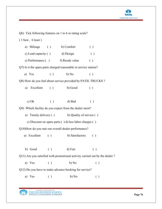 Q6) Tick following features on 1 to 6 or rating scale?
( 1 best , 6 least )
a) Mileage ( ) b) Comfort ( )
c) Load capacity ( ) d) Design ( )
e) Performance ( ) f) Resale value ( )
Q7) Is it the spare parts charged reasonable in service station?
a) Yes ( ) b) No ( )
Q8) How do you feel about service provided by PATIL TRUCKS ?
a) Excellent ( ) b) Good ( )
c) Ok ( ) d) Bad ( )
Q9) Which facility do you expect from the dealer most?
a) Timely delivery ( ) b) Quality of service ( )
c) Discount on spare parts ( ) d) less labor charges ( )
Q10)How do you rate our overall dealer performance?
a) Excellent ( ) b) Satisfactory ( )
b) Good ( ) d) Fair ( )
Q11) Are you satisfied with promotional activity carried out by the dealer ?
a) Yes ( ) b) No ( )
Q12) Do you have to make advance booking for service?
a) Yes ( ) b) No ( )
Page 76
 