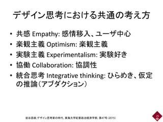デザイン思考における共通の考え方
• 共感 Empathy: 感情移入、ユーザ中心
• 楽観主義 Optimism: 楽観主義
• 実験主義 Experimentalism: 実験好き
• 協働 Collaboration: 協調性
• 統合思考 Integrative thinking: ひらめき、仮定
の推論（アブダクション）
25
岩谷昌樹,デザイン思考家の時代, 東海大学紀要政治経済学部, 第47号（2015）
 
