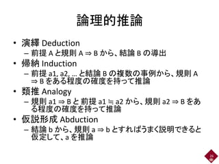 論理的推論
• 演繹 Deduction
– 前提 A と規則 A ⇒ B から、結論 B の導出
• 帰納 Induction
– 前提 a1, a2, … と結論 B の複数の事例から、規則 A
⇒ B をある程度の確度を持って推論
• 類推 Analogy
– 規則 a1 ⇒ B と 前提 a1 ≒ a2 から、規則 a2 ⇒ B をあ
る程度の確度を持って推論
• 仮説形成 Abduction
– 結論 b から、規則 a ⇒ b とすればうまく説明できると
仮定して、a を推論
26
 