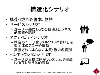 構造化シナリオ
• 構造化された脚本、物語
• サービスシナリオ
– ユーザ一般にとっての価値とビジネス
的価値を記述
• アクティビティシナリオ
– 特定のユーザ像（ペルソナ）における活
動全体のフローや情動
– 実装方法によらない本質・欲求の識別
• インタラクションシナリオ
– ユーザが目標に向かうシステムや実装
に依存した具体的活動
33
郷健太郎ほか, 構造化シナリオ手法について,日本人間工学会第49回大会 2008
 