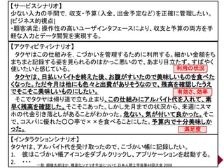 34
【サービスシナリオ】
少ない入力の手間で，収支・予算（入金、出金予定など）を正確に管理したい。
[ビジネス的視点]
・顧客満足: 操作性の高いユーザインタフェースにより、収支と予算の両方を手
軽な入力とデータ閲覧を実現する。
【アクティビティシナリオ】
タクヤはこの仕組みを，こづかいを管理するために利用する。細かい金額をち
まちまと記録する姿を見られるのはかっこ悪いので、あまり目立たず、すばやく
使いたいと感じている。
タクヤは、日払いバイトを終えた後、お腹がすいたので美味しいものを食べた
くなった。ただ今月は他にも色々と出費がありそうなので、残高を確認したうえ
でそこそこ美味しいものにしたい。
そこでタクヤは帰り道で立ち止まり、この仕組みにアルバイト代を入れて、素
早く残高を確認した。そこそこあった。しかし先月までの状況から、来週にスマ
ホの代金引き落としがあることがわかった。危ない、気が付いて良かった。そこ
で、コスパに優れた○○亭で××を食べることにした。予算内で十分美味しか
った。
【インタラクションシナリオ】
タクヤは、アルバイト代を受け取ったので、こづかい帳に記録したい。
1. 彼はこづかい帳アイコンをダブルクリックし、アプリケーションを起動する。
2. ・・・ 一部: 郷健太郎ほか, 構造化シナリオ手法について,日本人間工学会第49回大会 2008
利用の状況
満足度
有効さ、効率
 