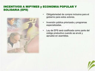 INCENTIVOOBJETIVOIMPUESTO AFECTADOExención del impuesto a la renta en los dividendos y ganancias obtenidas o distribuidas a otras compañías (excepto paraísos fiscales) o no-residentes de Ecuador.Busca fomentar la inversiónImpuesto a la RentaExención de los ingresos generados de ventas ocasionales de propiedades, acciones o unidades.Busca fomentar el mercado de capitales y acceso a viviendaImpuesto a la RentaExención de gananacias sobre el capital, ganancias o ingresos distribuidos en fondos de inversión, fondos de pensiones y and fideicomisos comercialesBusca evitar doble tributaciónImpuesto a la RentaExención de los ingresos de los certificados de depósitos de un año o más.Fomenta el ahorroImpuesto a la RentaDeducción adicional por aumento neto de empleos.Fomenta el empleoSRIDeducción de los pagos para el comercio internacional de bienes de capitalFomenta la producciónImpuesto a la RentaReduccción del 10 por ciento de la tasa del impuesto a la renta en reinversiones en equipos y maquinariasIncentivo para la inversiónSRISRIIncentivo para la inversiónDepreciación acelerada (por petición) en bienes duraderos.Cero impuestos en electridad producida y vendida.CompetitividadIVAINCENTIVOS PARA LA INVERSION ACTUALES