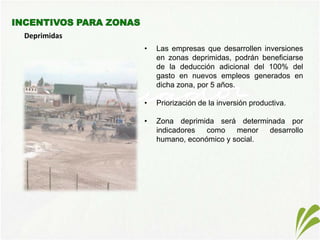 Exoneración del ISD para los pagos al exterior por créditos externos, con un plazo mayor a un año y con una tasa no superior a la autorizada por el BCE.INCENTIVOS GENERALESPara las InversionesDeducciones adicionales para el cálculo del impuesto a la renta como mecanismos para incentivar la mejora de la productividad, innovación y producción ecoeficiente.