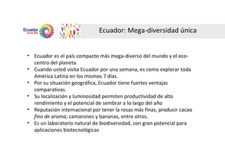 Ecuador es el país compacto más mega-diverso del mundo y el eco-centro del planeta. Cuando usted visita Ecuador por una semana, es como explorar toda América Latina en los mismos 7 días. Por su situación geográfica, Ecuador tiene fuertes ventajas comparativas. Su localización y luminosidad permiten productividad de alto rendimiento y el potencial de sembrar a lo largo del año Reputación internacional por tener la rosas más finas, producir cacao  fino de aroma , camarones y bananas, entre otros. Es un laboratorio natural de biodiversidad, con gran potencial para aplicaciones biotecnológicas Ecuador: Mega-diversidad única  