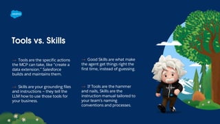 Tools vs. Skills
→ Tools are the specific actions
the MCP can take, like “create a
data extension.” Salesforce
builds and maintains them.
→ Skills are your grounding files
and instructions — they tell the
LLM how to use those tools for
your business.
→ If Tools are the hammer
and nails, Skills are the
instruction manual tailored to
your team’s naming
conventions and processes.
→ Good Skills are what make
the agent get things right the
first time, instead of guessing.
 