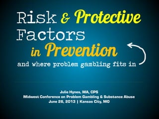 Risk
Factors
& Protective
Julie Hynes, MA, CPS
Midwest Conference on Problem Gambling & Substance Abuse
June 26, 2013 | Kansas City, MO
in Prevention
 