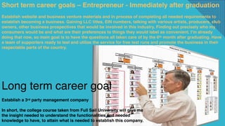 2
Short term career goals – Entrepreneur - Immediately after graduation
Establish website and business venture materials and in process of completing all needed requirements to
establish becoming a business. Gaining LLC titles, EIN numbers, talking with various artists, producers, club
owners, other business prospectives that would be involved in this industry. Finding out precisely who my
consumers would be and what are their preferences to things they would label as convenient. I’m already
doing that now, so main goal is to have the questions all taken care of by the 6th month after graduating. Have
a team of supporters ready to test and utilize the service for free test runs and promote the business in their
respectable parts of the country.
Long term career goal
Establish a 3rd party management company
In short, the college course taken from Full Sail University will give me
the insight needed to understand the functionalities and needed
knowledge to have, to attain what is needed to establish this company.
 