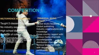COMPETITION
ME(TERRENCE MCPHERSON)
Taught 2 classes of poetry
No industry experience.
High school diploma
Some bit of college
Proficient kitchen skills
leading to be a Lead Cook
for a college campus
UNIVERSAL MUSIC
GROUP
5
Global studio locations
Global publishing
Industry organizations and
knowledge
Cross country rapport with
various media channels
Knowledgeable
distribution channels
Various team members
with degrees and
certificates
 