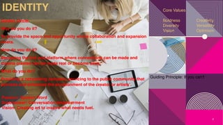 IDENTITY
Golden Circle:
Why do you do it?
To provide the space and opportunity where collaboration and expansion
meets.
How do you do it?
Becoming the link and platform where connections can be made and
visions created can be made real or become alive.
What do you do?
Providing a networking company servicing to the public community that
services and enhances the envisionment of the creator or artists’.
6
Core Values
Boldness Creativity
Diversity Versatility
Vision Optimism
Passion: Spoken Word
Superpower: Conversation empowerment
Vision: Creating art to inspire what needs fuel.
Guiding Principle: If you can’t
 
