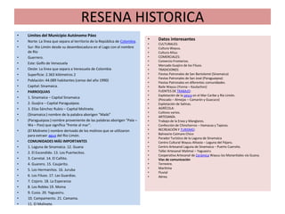 RESENA HISTORICA
•   Límites del Municipio Autónomo Páez
•   Norte: La línea que separa al territorio de la República de Colombia.
                                                                            •   Datos interesantes
                                                                            •   CULTURALES:
•   Sur: Río Limón desde su desembocadura en el Lago con el nombre          •   Cultura Wayuu.
    de Río                                                                  •   Cultura Añuu
•   Guerrero.                                                               •   COMERCIALES:
                                                                            •   Comercio Fronterizo.
•   Este: Golfo de Venezuela
                                                                            •   Mercado Guajiro de los Filuos.
•   Oeste: La línea que separa a Venezuela de Colombia                      •   TRADICIONES:
•   Superficie: 2.363 kilómetros 2                                          •   Fiestas Patronales de San Bartolomé (Sinamaica)
                                                                            •   Fiestas Patronales de San José (Paraguaipoa)
•   Población: 44.089 habitantes (censo del año 1990)
                                                                            •   Fiestas Patronales en diferentes comunidades.
•   Capital: Sinamaica.                                                     •   Baile Wayuu (Yonna – Kaulachon)
•   PARROQUIAS                                                              •   FUENTES DE TRABAJO:
                                                                            •   Explotación de la pesca en el Mar Caribe y Río Limón.
•   1. Sinamaica – Capital Sinamaica
                                                                            •   (Pescado – Almejas – Camarón y Guacuco)
•   2. Guajira – Capital Paraguaipoa.                                       •   Explotación de Salinas.
•   3. Elías Sánchez Rubio – Capital Molinete.                              •   AGRÍCOLA:
                                                                            •   Cultivos varios.
•   (Sinamaica:) nombre de la palabra aborigen "Maiki"
                                                                            •   ARTESANÍA:
•   (Paraguaipoa:) nombre proveniente de las palabras aborigen "Pala –      •   Trabajo de la Enea y Manglares.
    Wa – Poo) que significa "frente al mar".                                •   Confección de Chinchorros – Hamacas y Tapices.
•   (El Molinete:) nombre derivado de los molinos que se utilizaron         •   RECREACIÓN Y TURISMO:
    para extraer agua del Rio Limón.                                        •   Balneario Caimare Chico
                                                                            •   Parador Turístico de la Laguna de Sinamaica
•   COMUNIDADES MÁS IMPORTANTES                                             •   Centro Cultural Wayuu Alitasía – Laguna del Pájaro.
•   1. Laguna de Sinamaica. 12. Guana                                       •   Centro Artesanal Laguna de Sinamaica – Puerto Cuervito.
•   2. El Escondido. 13. Los Puertecitos.                                   •   Taller Artesanal Malimai – Yaguasiru
                                                                            •   Cooperativa Artesanal de Cerámica Wayuu los Manantiales vía Guana.
•   3. Carretal. 14. El Cañito.                                             •   Vías de comunicación
•   4. Guarero. 15. Caujarito.                                              •   Terrestre.
•   5. Los Hermanitos. 16. Juruba                                           •   Marítima
                                                                            •   Fluvial
•   6. Los Filuos. 17. Las Guardias.                                        •   Aérea.
•   7. Cojoro. 18. La Esperanza
•   8. Los Robles 19. Moina
•   9. Cusia. 20. Yaguasiru.
•   10. Campamento. 21. Camama.
•   11. El Molinete.
 