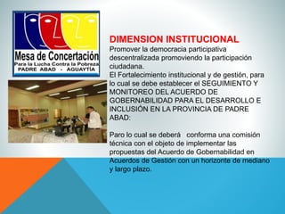 DIMENSION INSTITUCIONAL
Promover la democracia participativa
descentralizada promoviendo la participación
ciudadana.
El Fortalecimiento institucional y de gestión, para
lo cual se debe establecer el SEGUIMIENTO Y
MONITOREO DEL ACUERDO DE
GOBERNABILIDAD PARA EL DESARROLLO E
INCLUSIÓN EN LA PROVINCIA DE PADRE
ABAD:
Paro lo cual se deberá conforma una comisión
técnica con el objeto de implementar las
propuestas del Acuerdo de Gobernabilidad en
Acuerdos de Gestión con un horizonte de mediano
y largo plazo.
 