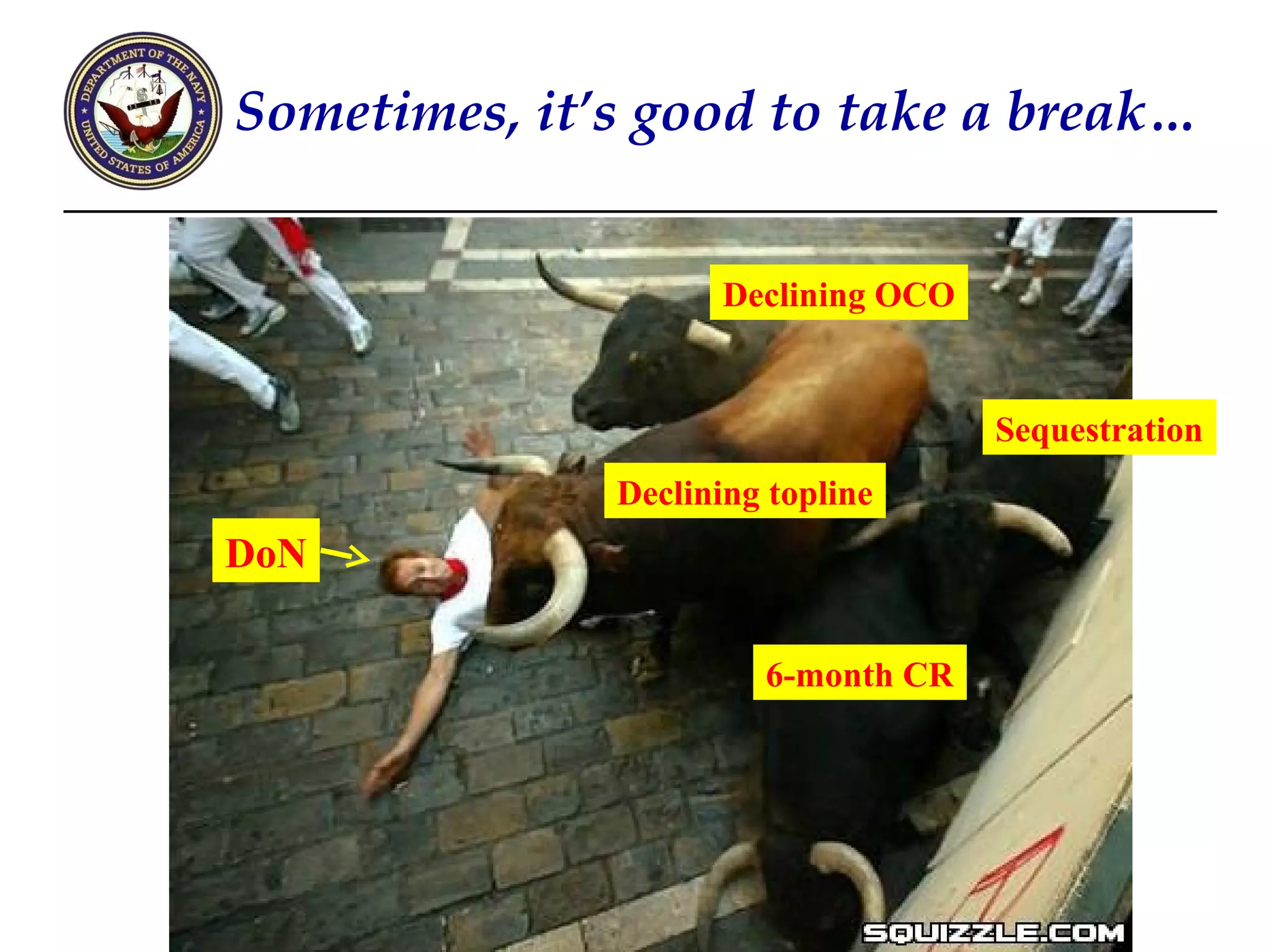 Sometimes, it’s good to take a break…


                     Declining OCO


                                     Sequestration
              Declining topline
DoN

                       6-month CR
 