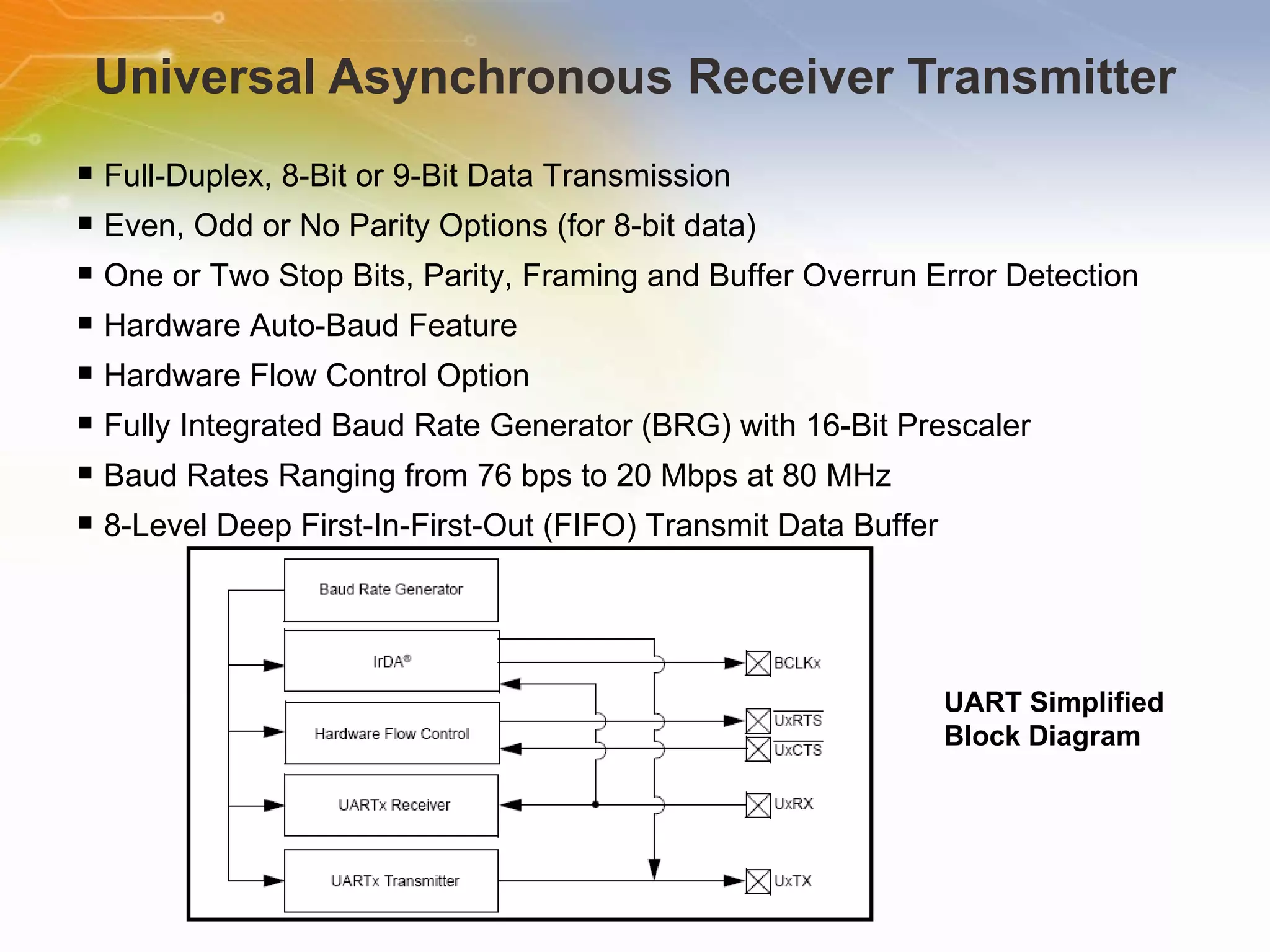 Universal Asynchronous Receiver Transmitter Full-Duplex, 8-Bit or 9-Bit Data Transmission Even, Odd or No Parity Options (for 8-bit data) One or Two Stop Bits, Parity, Framing and Buffer Overrun Error Detection Hardware Auto-Baud Feature Hardware Flow Control Option Fully Integrated Baud Rate Generator (BRG) with 16-Bit Prescaler Baud Rates Ranging from 76 bps to 20 Mbps at 80 MHz 8-Level Deep First-In-First-Out (FIFO) Transmit Data Buffer UART Simplified Block Diagram 