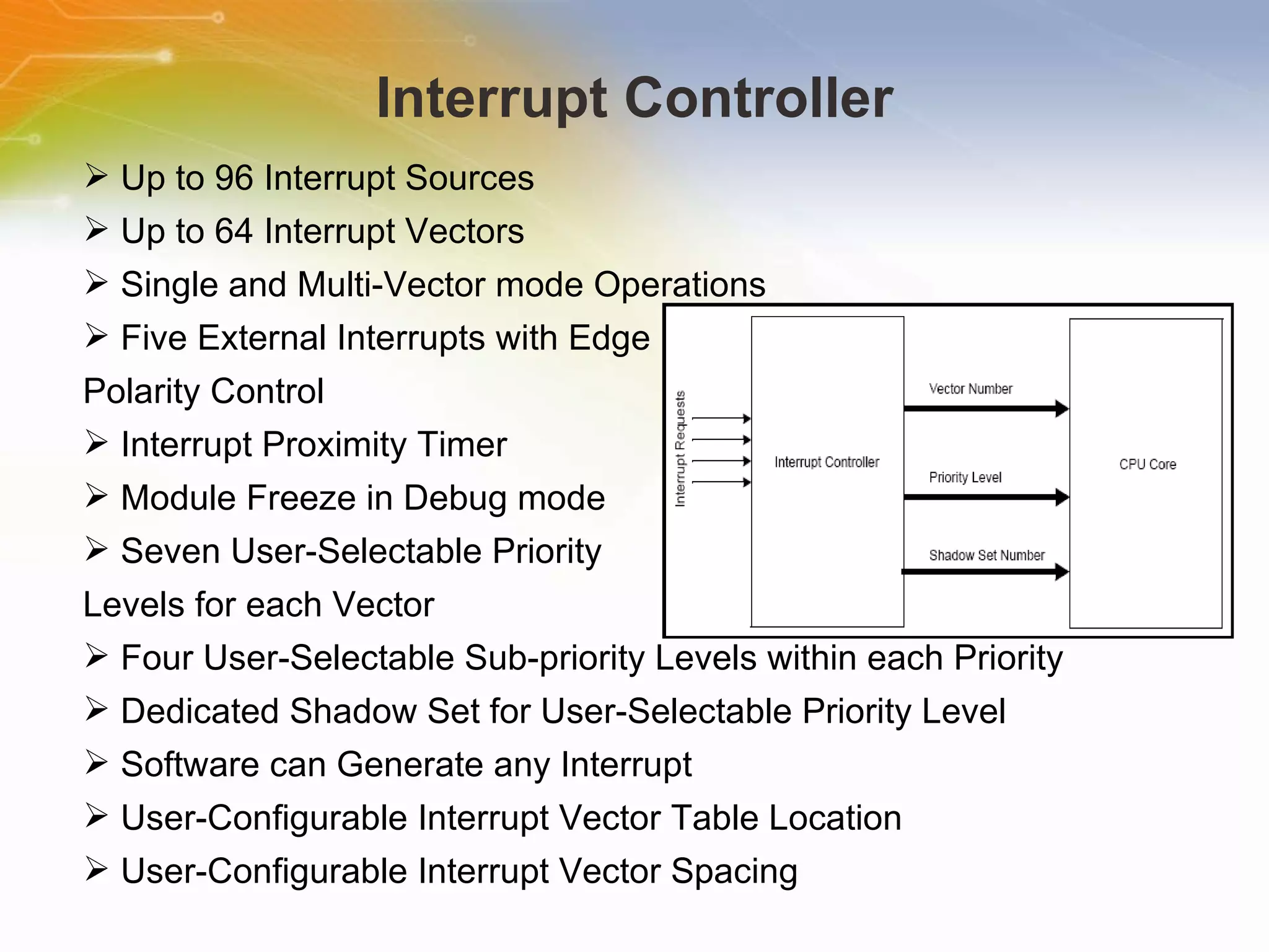 Interrupt Controller Up to 96 Interrupt Sources Up to 64 Interrupt Vectors Single and Multi-Vector mode Operations Five External Interrupts with Edge Polarity Control Interrupt Proximity Timer Module Freeze in Debug mode Seven User-Selectable Priority  Levels for each Vector Four User-Selectable Sub-priority Levels within each Priority Dedicated Shadow Set for User-Selectable Priority Level Software can Generate any Interrupt User-Configurable Interrupt Vector Table Location User-Configurable Interrupt Vector Spacing 
