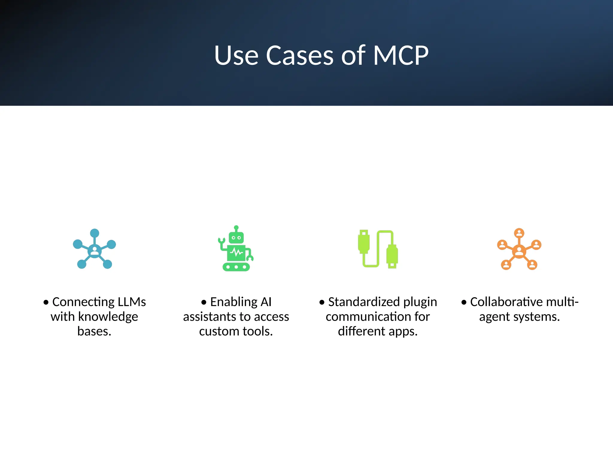 Use Cases of MCP
• Connecting LLMs
with knowledge
bases.
• Enabling AI
assistants to access
custom tools.
• Standardized plugin
communication for
different apps.
• Collaborative multi-
agent systems.
 