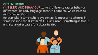 CULTURAL BARRIER:
(1). BELIEFS AND BEHAVIOUR :cultural difference causes behavior
differences like body language, manner, norms etc. which leads to
miscommunication.
for example; in some culture eye contact is importance whereas in
some it is rude and disrespectful. Beliefs means something as true. It
It is also another cause for cultural barrier.
 