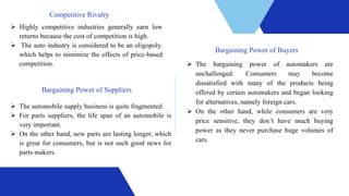  Highly competitive industries generally earn low
returns because the cost of competition is high.
 The auto industry is considered to be an oligopoly.
which helps to minimize the effects of price-based
competition.
Competitive Rivalry
 The automobile supply business is quite fragmented.
 For parts suppliers, the life span of an automobile is
very important.
 On the other hand, new parts are lasting longer, which
is great for consumers, but is not such good news for
parts makers.
Bargaining Power of Suppliers
 The bargaining power of automakers are
unchallenged. Consumers may become
dissatisfied with many of the products being
offered by certain automakers and began looking
for alternatives, namely foreign cars.
 On the other hand, while consumers are very
price sensitive, they don’t have much buying
power as they never purchase huge volumes of
cars.
Bargaining Power of Buyers
 