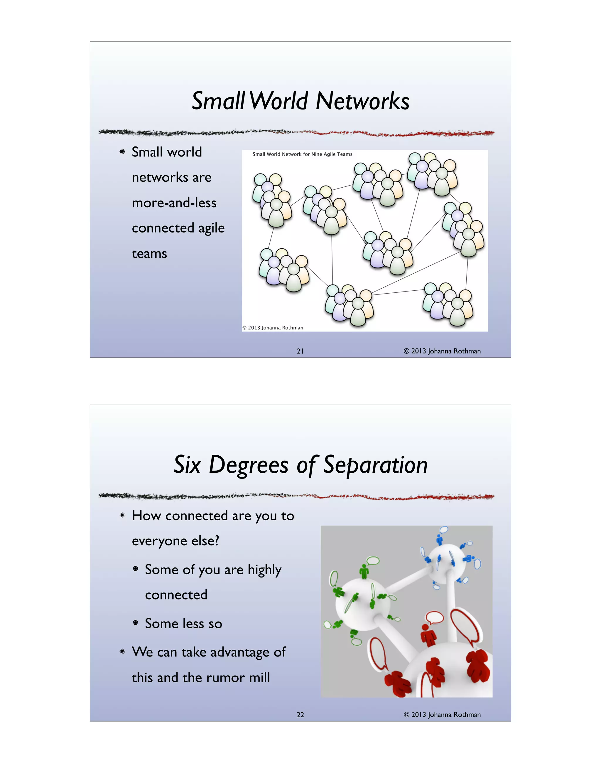 Small World Networks
Small world
networks are
more-and-less
connected agile
teams

21

© 2013 Johanna Rothman

Six Degrees of Separation
How connected are you to
everyone else?
Some of you are highly
connected
Some less so
We can take advantage of
this and the rumor mill
22

© 2013 Johanna Rothman

 