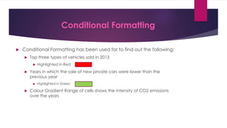 Conditional Formatting
 Conditional Formatting has been used for to find out the following:
 Top three types of vehicles sold in 2013
 Highlighted in Red
 Years in which the sale of new private cars were lower than the
previous year
 Highlighted in Green
 Colour Gradient Range of cells shows the intensity of CO2 emissions
over the years
 