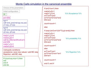 Monte Carlo simulation in the canonical ensemble
Choice of the parameters
Initial configuration
do
en1=EN
typ=1
call rand_pos(mat,typ,xrp,yrp)
x1=xrp, y1=yrp
typ=0
call rand_pos(mat,typ,xrp,yrp)
x2=xrp, y2=yrp
mat(x1,y1)=0
mat(x2,y2)=1
mat(x1,y1)=1
mat(x2,y2)=0
call tot_EN(mat,EN,ei0,ei1)
en2=EN
metropolis conditions
acceptance: save new values+ add MC step
Rejection: add MC step
If (count.eq.mcs+1) then
exit
end if
end do
if (en2.lt.en1) then
mat(x2,y2)=1
enT=enT+en2
enT2=enT2+en2*en2
count=count+1
else
if (exp(-(en2-en1)/(k*T)).gt.rand()) then
mat(x2,y2)=1
mat(x1,y1)=0
enT=enT+en2
enT2=enT2+en2*en2
count=count+1
mat(x1,y1)=0
else
end if, end if
enT=enT+en1
enT2=enT2+en1*en1
EN=en1
count=count+1
EN=en2
EN=en2
%% Acceptance %%
%% probability %%
%% Rejection %%
 