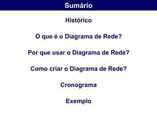 Sumário

           Histórico

  O que é o Diagrama de Rede?

Por que usar o Diagrama de Rede?

Como criar o Diagrama de Rede?

          Cronograma

           Exemplo
 