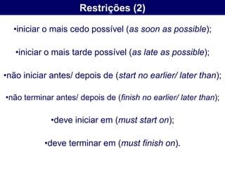 Restrições (2)

  •iniciar o mais cedo possível (as soon as possible);

   •iniciar o mais tarde possível (as late as possible);

•não iniciar antes/ depois de (start no earlier/ later than);

•não terminar antes/ depois de (finish no earlier/ later than);

             •deve iniciar em (must start on);

           •deve terminar em (must finish on).
 