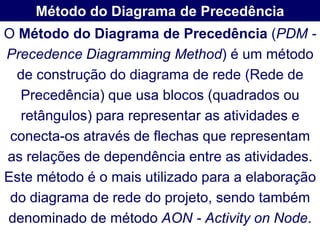 Método do Diagrama de Precedência
O Método do Diagrama de Precedência (PDM -
Precedence Diagramming Method) é um método
  de construção do diagrama de rede (Rede de
  Precedência) que usa blocos (quadrados ou
   retângulos) para representar as atividades e
 conecta-os através de flechas que representam
as relações de dependência entre as atividades.
Este método é o mais utilizado para a elaboração
 do diagrama de rede do projeto, sendo também
denominado de método AON - Activity on Node.
 