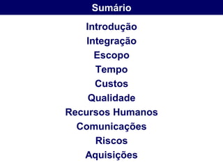 Sumário
   Introdução
    Integração
      Escopo
      Tempo
      Custos
    Qualidade
Recursos Humanos
  Comunicações
      Riscos
   Aquisições
 