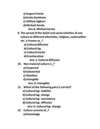 a) August Comte
b)Emile Durkheim
c) William Ogburn
d)Michael Zarate
Ans:d. Michael Zarate
9. The spread of the belief and social activities of one
culture to different ethnicities, religions, nationalities
etc. is known as_?
a) Cultural diffusion
b)Cultural lag
c) Cultural inertia
d)Enculturation
Ans: a. Cultural diffusion
10. Non-material culture is_?
a) Corporeal
b)Substantial
c) Manifest
d)Intangible
Ans: d. Intangible
11. Which of the followingpairs is correct?
a) Cultural lag- stability
b)Cultural lag- change
c) Cultural lag- consistency
d)Cultural lag- diffusion
Ans: b. Cultural lag- change
12. Culture consists of_?
a) Knowledge
 