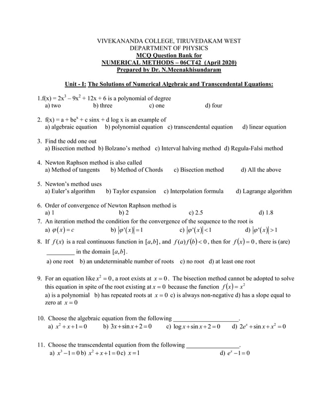Multiple Choice Questions Numerical Methods PDF