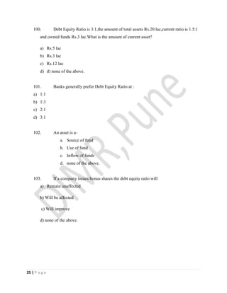 25 | P a g e
100. Debt Equity Ratio is 3:1,the amount of total assets Rs.20 lac,current ratio is 1.5:1
and owned funds Rs.3 lac.What is the amount of current asset?
a) Rs.5 lac
b) Rs.3 lac
c) Rs.12 lac
d) d) none of the above.
101. Banks generally prefer Debt Equity Ratio at :
a) 1:1
b) 1:3
c) 2:1
d) 3:1
102. An asset is a-
a. Source of fund
b. Use of fund
c. Inflow of funds
d. none of the above.
103. If a company issues bonus shares the debt equity ratio will
a) Remain unaffected
b) Will be affected
c) Will improve
d) none of the above.
 