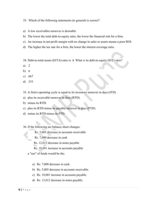 9 | P a g e
33. Which of the following statements (in general) is correct?
a) A low receivables turnover is desirable.
b) The lower the total debt-to-equity ratio, the lower the financial risk for a firm.
c) An increase in net profit margin with no change in sales or assets means a poor ROI.
d) The higher the tax rate for a firm, the lower the interest coverage ratio.
34. Debt-to-total assets (D/TA) ratio is .4. What is its debt-to-equity (D/E) ratio?
a) .2
b) .6
c) .667
d) .333
35. A firm's operating cycle is equal to its inventory turnover in days (ITD)
a) plus its receivable turnover in days (RTD).
b) minus its RTD.
c) plus its RTD minus its payable turnover in days (PTD).
d) minus its RTD minus its PTD.
36. If the following are balance sheet changes:
Rs. 5,005 decrease in accounts receivable
Rs. 7,000 decrease in cash
Rs. 12,012 decrease in notes payable
Rs. 10,001 increase in accounts payable
a "use" of funds would be the:
a) Rs. 7,000 decrease in cash.
b) Rs. 5,005 decrease in accounts receivable.
c) Rs. 10,001 increase in accounts payable.
d) Rs. 12,012 decrease in notes payable.
 