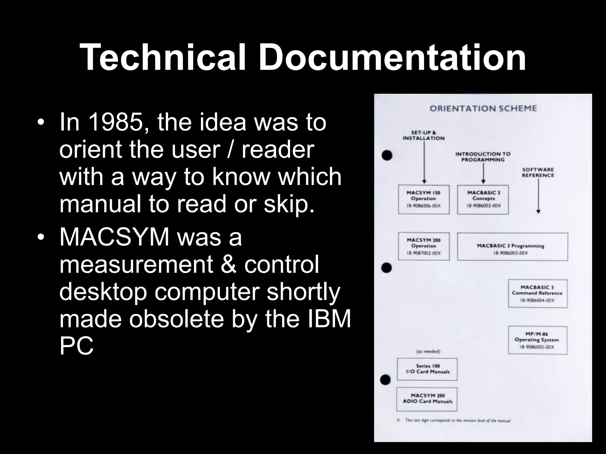 Technical Documentation
• In 1985, the idea was to
orient the user / reader
with a way to know which
manual to read or skip.
• MACSYM was a
measurement & control
desktop computer shortly
made obsolete by the IBM
PC

 