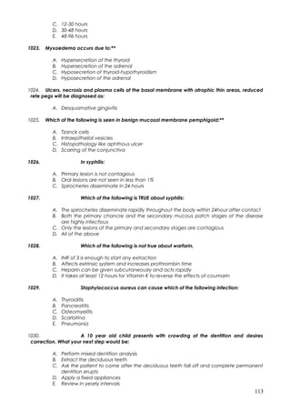 C. 12-30 hours
D. 30-48 hours
E. 48-96 hours
1023. Myxoedema occurs due to:**
A. Hypersecretion of the thyroid
B. Hypersec...