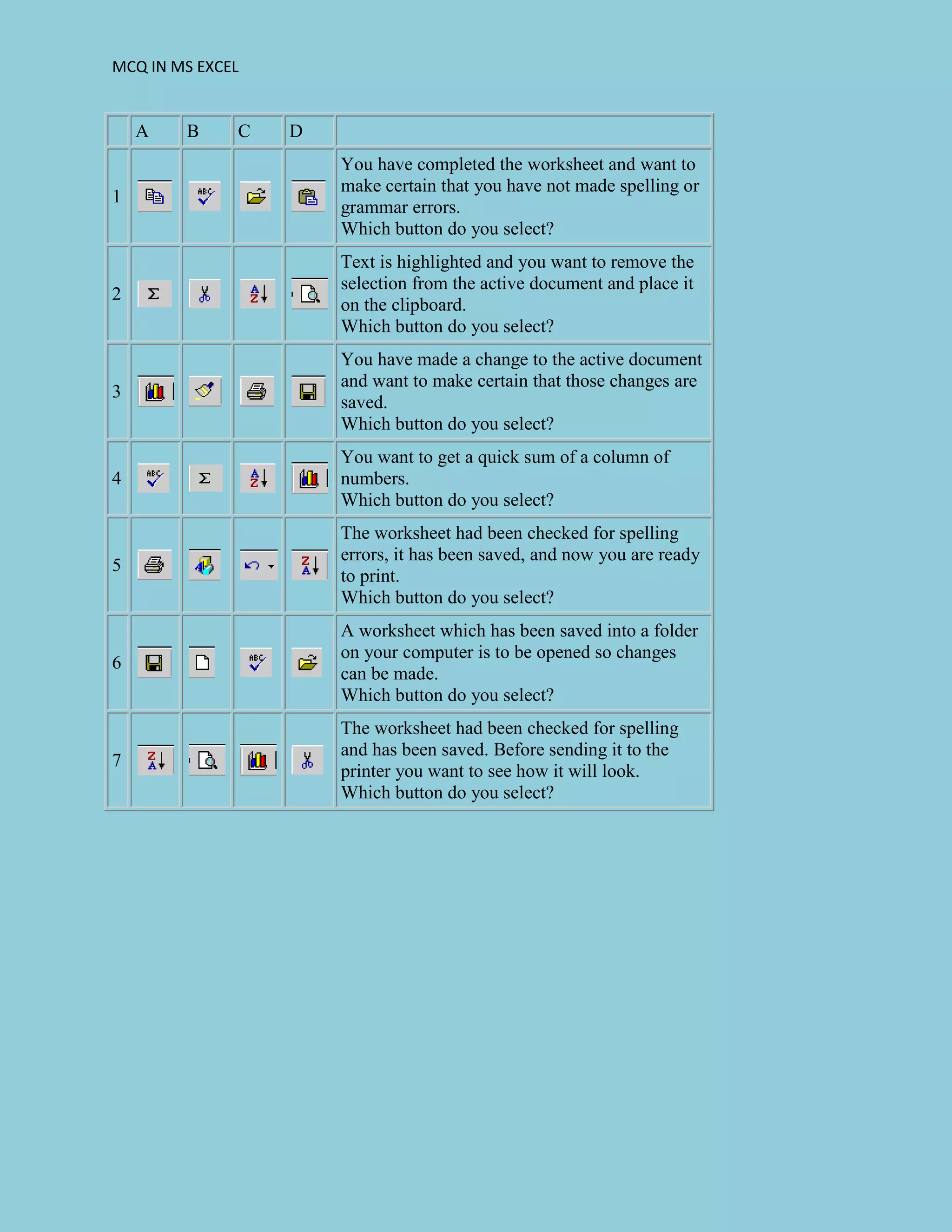 MCQ IN MS EXCEL
A B C D
1
You have completed the worksheet and want to
make certain that you have not made spelling or
grammar errors.
Which button do you select?
2
Text is highlighted and you want to remove the
selection from the active document and place it
on the clipboard.
Which button do you select?
3
You have made a change to the active document
and want to make certain that those changes are
saved.
Which button do you select?
4
You want to get a quick sum of a column of
numbers.
Which button do you select?
5
The worksheet had been checked for spelling
errors, it has been saved, and now you are ready
to print.
Which button do you select?
6
A worksheet which has been saved into a folder
on your computer is to be opened so changes
can be made.
Which button do you select?
7
The worksheet had been checked for spelling
and has been saved. Before sending it to the
printer you want to see how it will look.
Which button do you select?