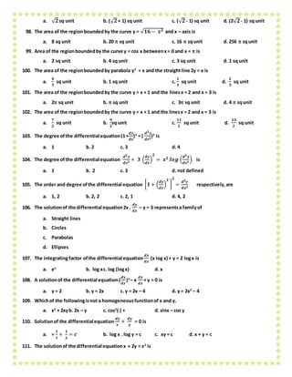 a. √ 𝟐sq unit b. (√ 𝟐+ 1) sq unit c. (√ 𝟐- 1) sq unit d. (2√ 𝟐- 1) sq unit
98. The area of the regionboundedby the curve y = √𝟏𝟔 − 𝒙 𝟐 and x – axis is
a. 8 sq unit b. 20  sq unit c. 16  squnit d. 256  squnit
99. Area of the regionboundedby the curve y = cos x betweenx= 0 and x =  is
a. 2 sq unit b. 4 sq unit c. 3 sq unit d. 1 sq unit
100. The area of the regionboundedby parabola y2
= x and the straight line 2y = x is
a.
𝟒
𝟑
sq unit b. 1 sq unit c.
𝟏
𝟑
sq unit d.
𝟐
𝟑
sq unit
101. The area of the regionboundedby the curve y = x + 1 and the linesx = 2 and x = 3 is
a. 2 sq unit b.  sq unit c. 3 sq unit d. 4  squnit
102. The area of the regionboundedby the curve y = x + 1 and the linesx = 2 and x = 3 is
a.
𝟕
𝟐
sq unit b.
𝟗
𝟐
sq unit c.
𝟏𝟏
𝟐
sq unit d.
𝟏𝟑
𝟐
sq unit
103. The degree ofthe differential equation(1+
𝒅𝒚
𝒅𝒙
)3
= (
𝒅 𝟐 𝒚
𝒅𝒙 𝟐
)2
is
a. 1 b. 2 c. 3 d. 4
104. The degree ofthe differential equation
𝒅 𝟐 𝒚
𝒅𝒙 𝟐
+ 𝟑 (
𝒅𝒚
𝒅𝒙
)
𝟐
= 𝒙 𝟐 𝒍𝒐𝒈 (
𝒅 𝟐 𝒚
𝒅𝒙 𝟐
) is
a. 1 b. 2 c. 3 d. not defined
105. The order and degree ofthe differential equation [ 𝟏+ (
𝒅𝒚
𝒅𝒙
)
𝟐
]
𝟐
=
𝒅 𝟐 𝒚
𝒅𝒙 𝟐
respectively,are
a. 1, 2 b. 2, 2 c. 2, 1 d. 4, 2
106. The solutionof the differential equation2x.
𝒅𝒚
𝒅𝒙
– y = 3 representsa familyof
a. Straight lines
b. Circles
c. Parabolas
d. Ellipses
107. The integratingfactor ofthe differential equation
𝒅𝒚
𝒅𝒙
(x log x) + y = 2 logx is
a. ex
b. log xc. log (logx) d. x
108. A solutionof the differential equation(
𝒅𝒚
𝒅𝒙
)2
– x
𝒅𝒚
𝒅𝒙
+ y = 0 is
a. y = 2 b. y = 2x c. y = 2x – 4 d. y = 2x2
– 4
109. Whichof the followingisnot a homogeneousfunctionof x and y.
a. x2
+ 2xyb. 2x – y c. cos2
( ) + d. sinx – cos y
110. Solutionof the differential equation
𝒅𝒚
𝒙
+
𝒅𝒚
𝒚
= 0 is
a. =
𝟏
𝒙
+
𝟏
𝒚
= 𝒄 b. log x . log y = c c. xy = c d. x + y = c
111. The solutionof the differential equationx + 2y = x2
is
 