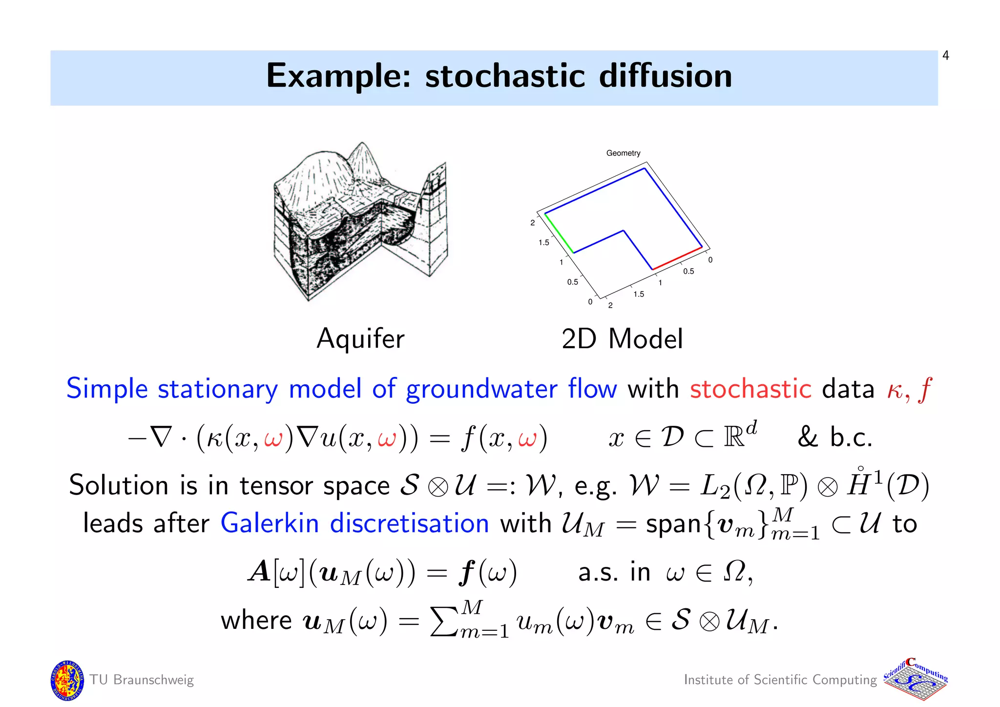 4
Example: stochastic diﬀusion
Aquifer
0
0.5
1
1.5
2
0
0.5
1
1.5
2
Geometry
2D Model
Simple stationary model of groundwater ﬂow with stochastic data κ, f
− · (κ(x, ω) u(x, ω)) = f(x, ω) x ∈ D ⊂ Rd
& b.c.
Solution is in tensor space S ⊗ U =: W, e.g. W = L2(Ω, P) ⊗ ˚H1
(D)
leads after Galerkin discretisation with UM = span{vm}M
m=1 ⊂ U to
A[ω](uM(ω)) = f(ω) a.s. in ω ∈ Ω,
where uM(ω) =
M
m=1 um(ω)vm ∈ S ⊗ UM.
TU Braunschweig Institute of Scientiﬁc Computing
CC
Scientifi omputing
 