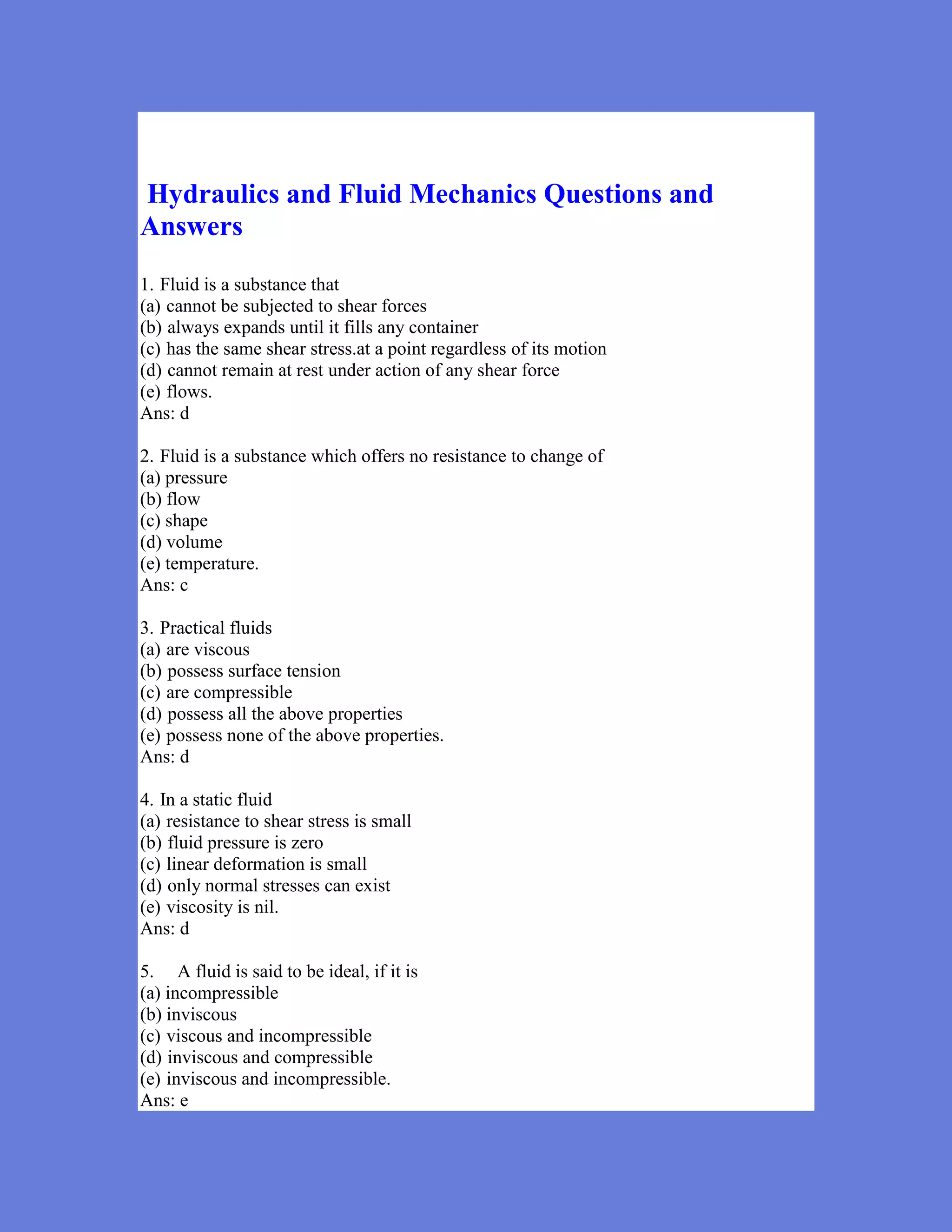 MCQ on Hydraulics and Fluid Mechanics | PDF