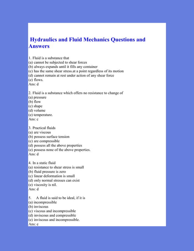 MCQ on Hydraulics and Fluid Mechanics PDF