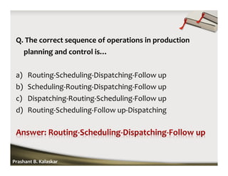 Q. The correct sequence of operations in production
planning and control is…
a) Routing-Scheduling-Dispatching-Follow up
b) Scheduling-Routing-Dispatching-Follow up
c) Dispatching-Routing-Scheduling-Follow up
d) Routing-Scheduling-Follow up-Dispatching
Prashant B. Kalaskar
 