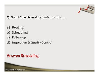 Q. Gantt Chart is mainly useful for the …
a) Routing
b) Scheduling
c) Follow up
d) Inspection & Quality Control
Prashant B. Kalaskar
 
