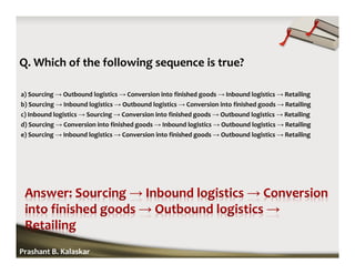 Q. Which of the following sequence is true?
a) Sourcing → Outbound logistics → Conversion into finished goods → Inbound logistics → Retailing
b) Sourcing → Inbound logistics → Outbound logistics → Conversion into finished goods → Retailing
c) Inbound logistics → Sourcing → Conversion into finished goods → Outbound logistics → Retailing
d) Sourcing → Conversion into finished goods → Inbound logistics → Outbound logistics → Retailing
e) Sourcing → Inbound logistics → Conversion into finished goods → Outbound logistics → Retailing
Prashant B. Kalaskar
 