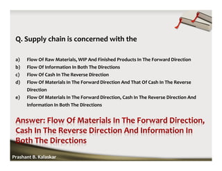 Q. Supply chain is concerned with the
a) Flow Of Raw Materials, WIP And Finished Products In The Forward Direction
b) Flow Of Information In Both The Directions
c) Flow Of Cash In The Reverse Direction
d) Flow Of Materials In The Forward Direction And That Of Cash In The Reverse
Direction
e) Flow Of Materials In The Forward Direction, Cash In The Reverse Direction And
Information In Both The Directions
Prashant B. Kalaskar
 