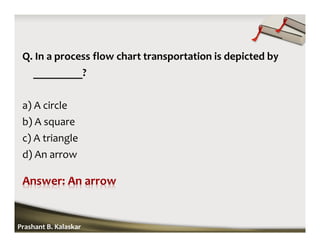 Q. In a process flow chart transportation is depicted by
_________?
a) A circle
b) A square
c) A triangle
d) An arrow
Prashant B. Kalaskar
 