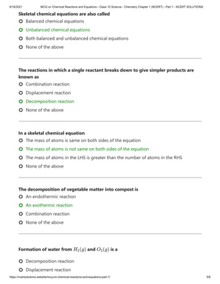 MCQ on Chemical Reactions and Equations PDF | PDF