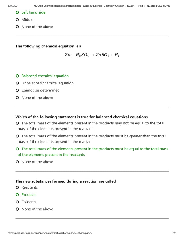 MCQ on Chemical Reactions and Equations PDF